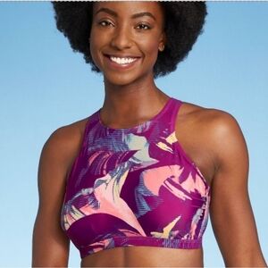 NWT Women's High Neck Strappy Back sporty Bikini Top All in Motion Purple Floral